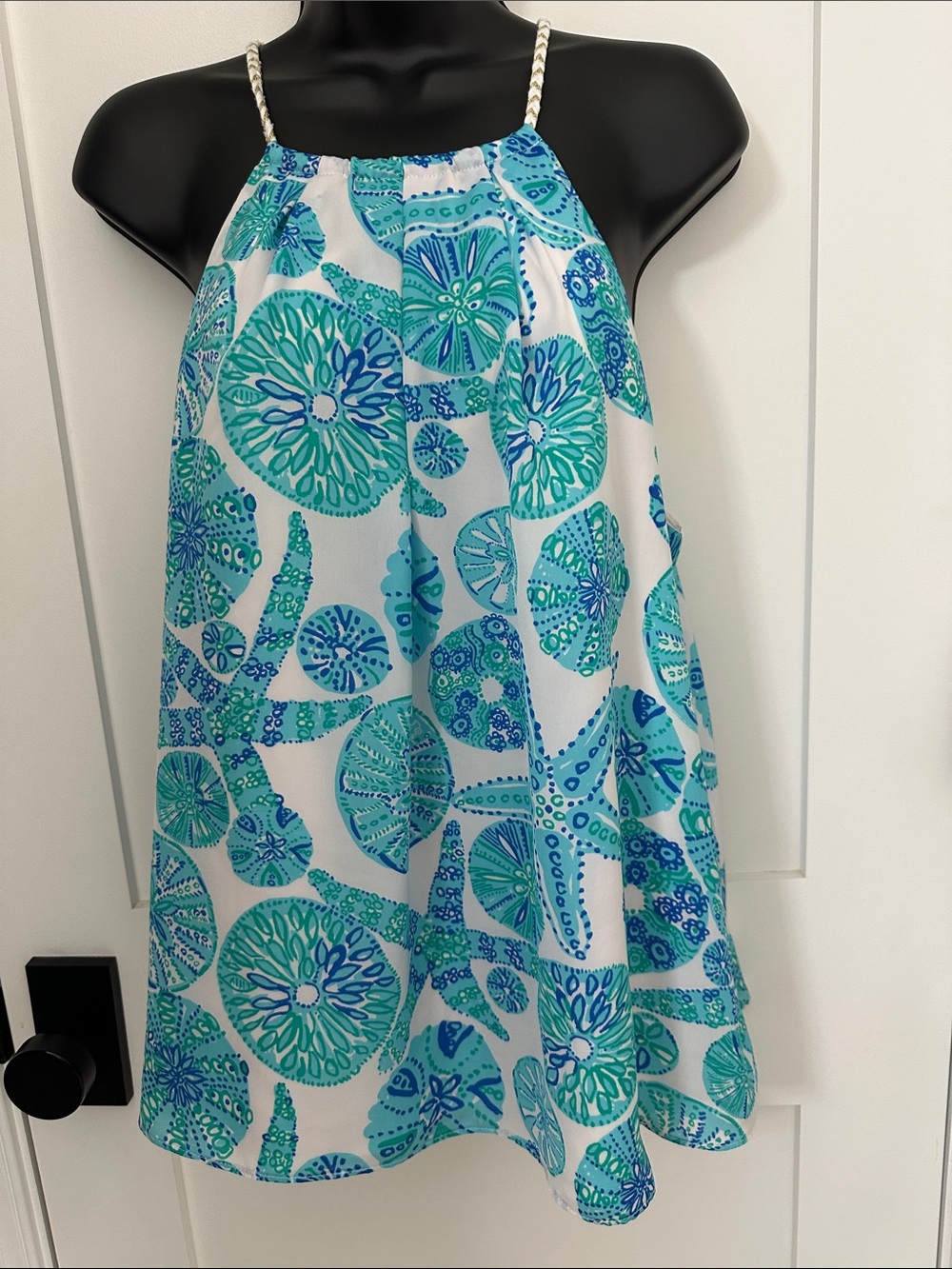 Lilly Pulitzer White Halter Tank Top with Teal & Aqua Floral Medallion Print